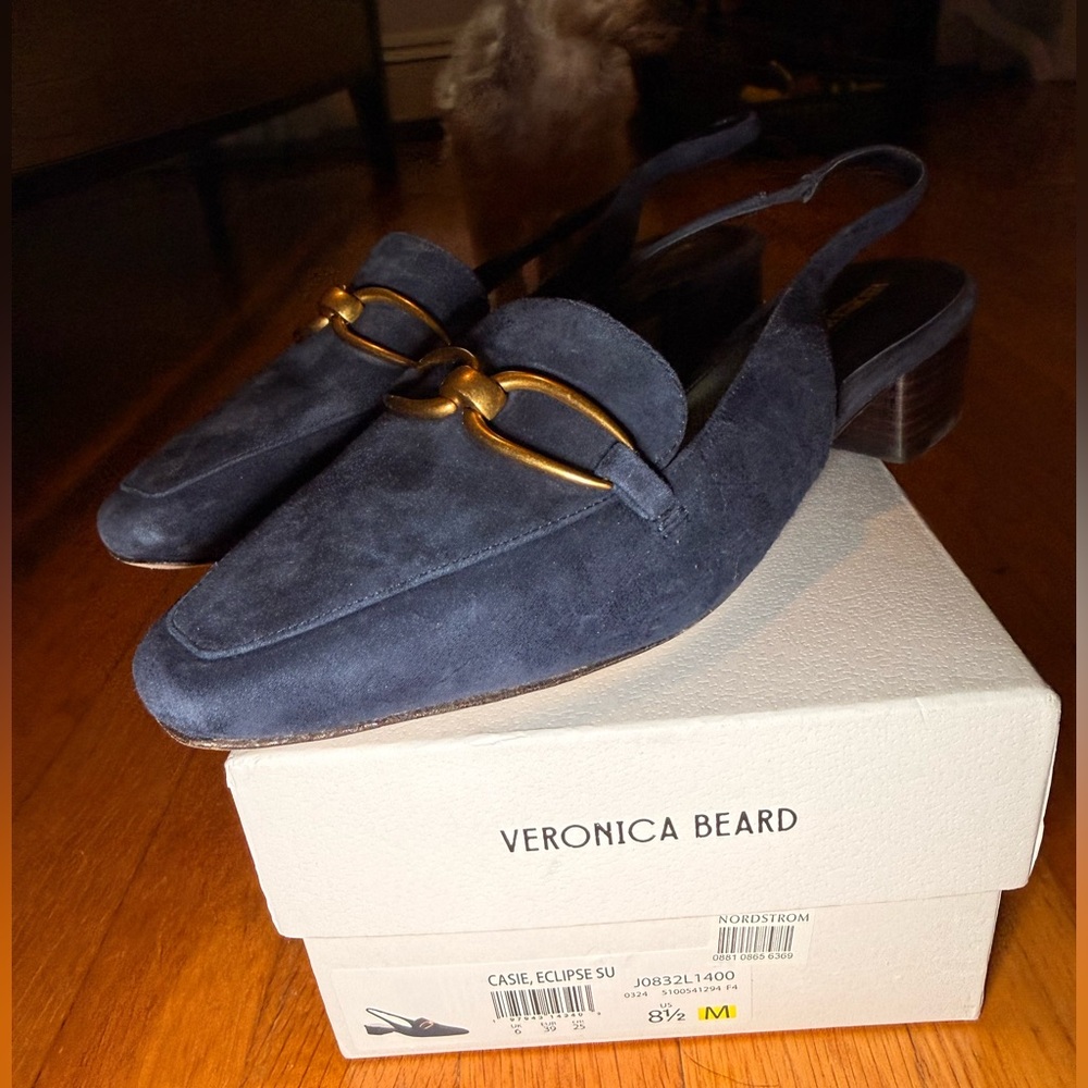 VERONICA BEARD Casie Slingback Pump in Navy Blue Suede with a Gold-Tone Buckle - Picture 4 of 13